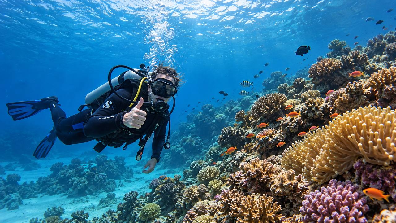 A diver beside a colourful coral reef